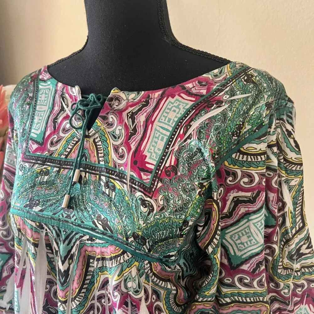 Y2K Billowy Sleeve Embroidered Lace-Up Abstract Rhinestone Green & Pink Top - Picture 2 of 8